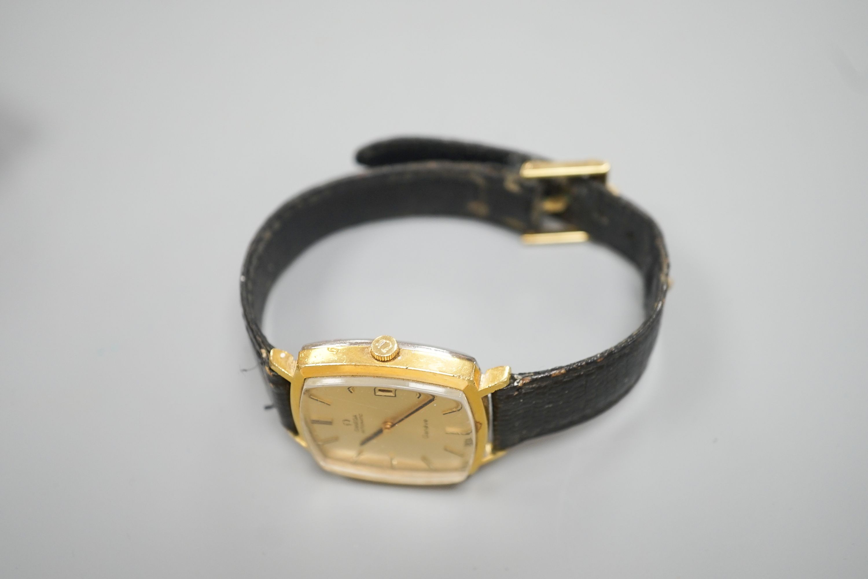 A gentleman's steel and gold plated Omega Automatic wrist watch, on associated leather strap, case diameter 32mm, with box, guarantee and spare strap.